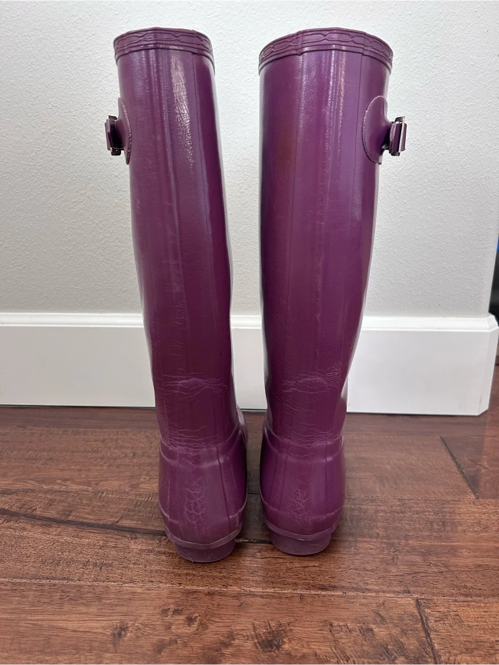 Hunter Purple Tall Gloss Rain Boots with Gray Knit Cuffs